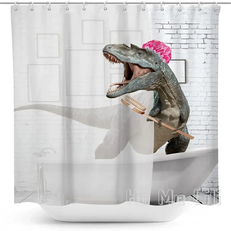 Funny Dinosaur Shower Curtain By Ho Me Lili Kid Cute Cartoon Animal Monster Girl Boy Polyester Fabric Waterproof  With Hooks