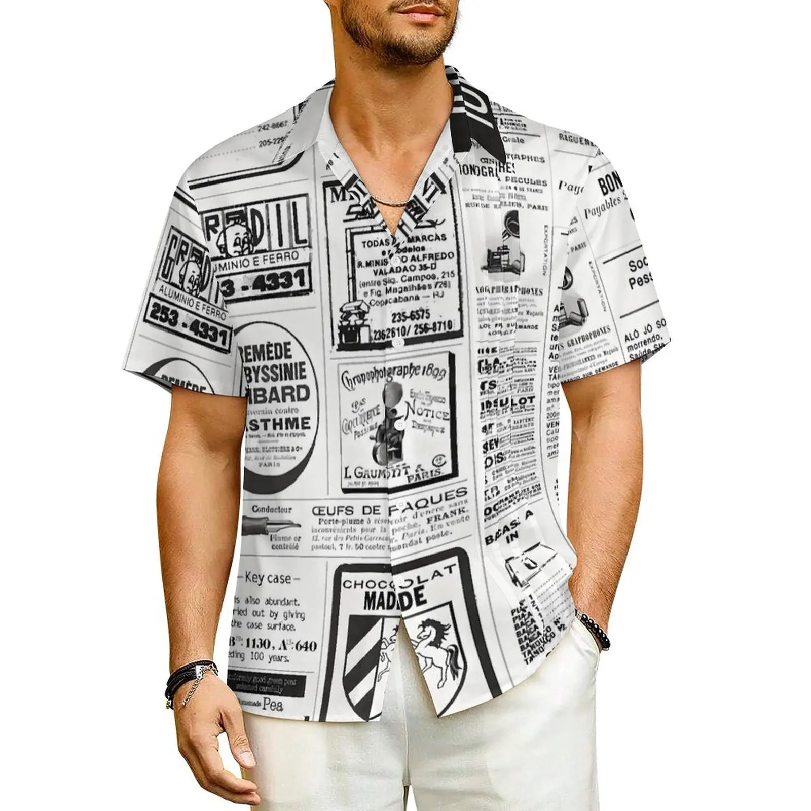 

Old Newspaper Casual Shirt Black Letter Print Cool Hawaii Shirts Men Short-Sleeved Vacation Y2K Funny Design Oversized Blouses