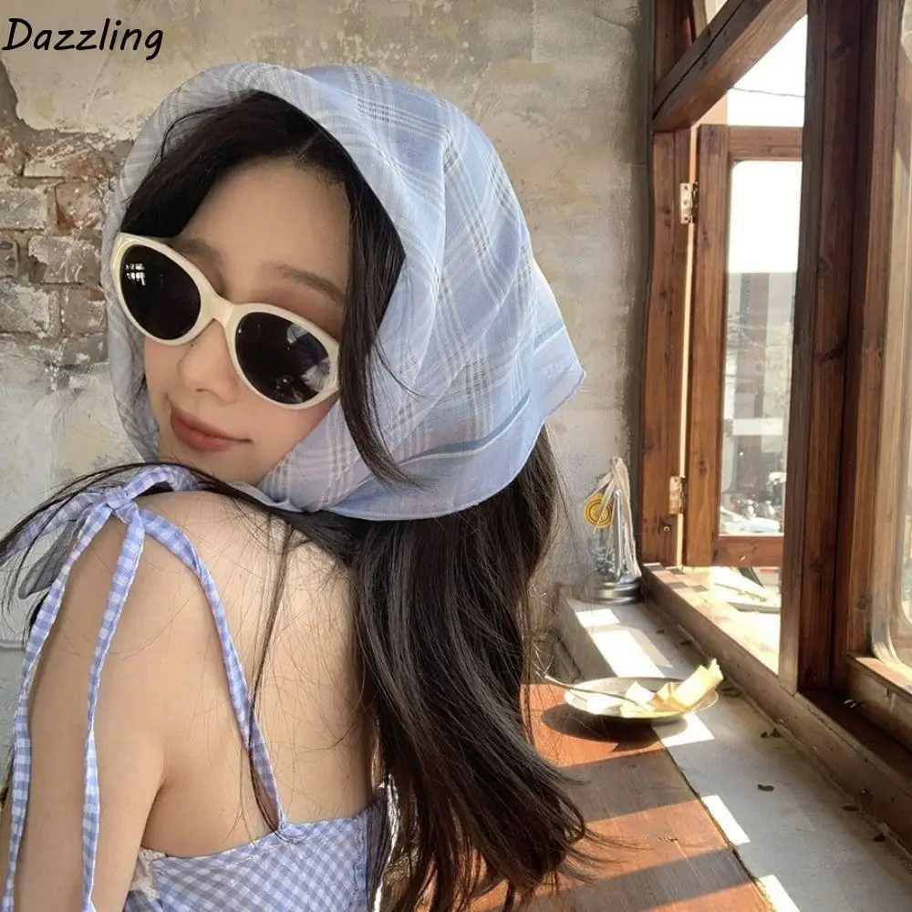 

Cute Pastoral Style Summer Triangle Headscarf Silk Polka Dot Fresh Floral Headband French Lattice Women Hair Band Beach