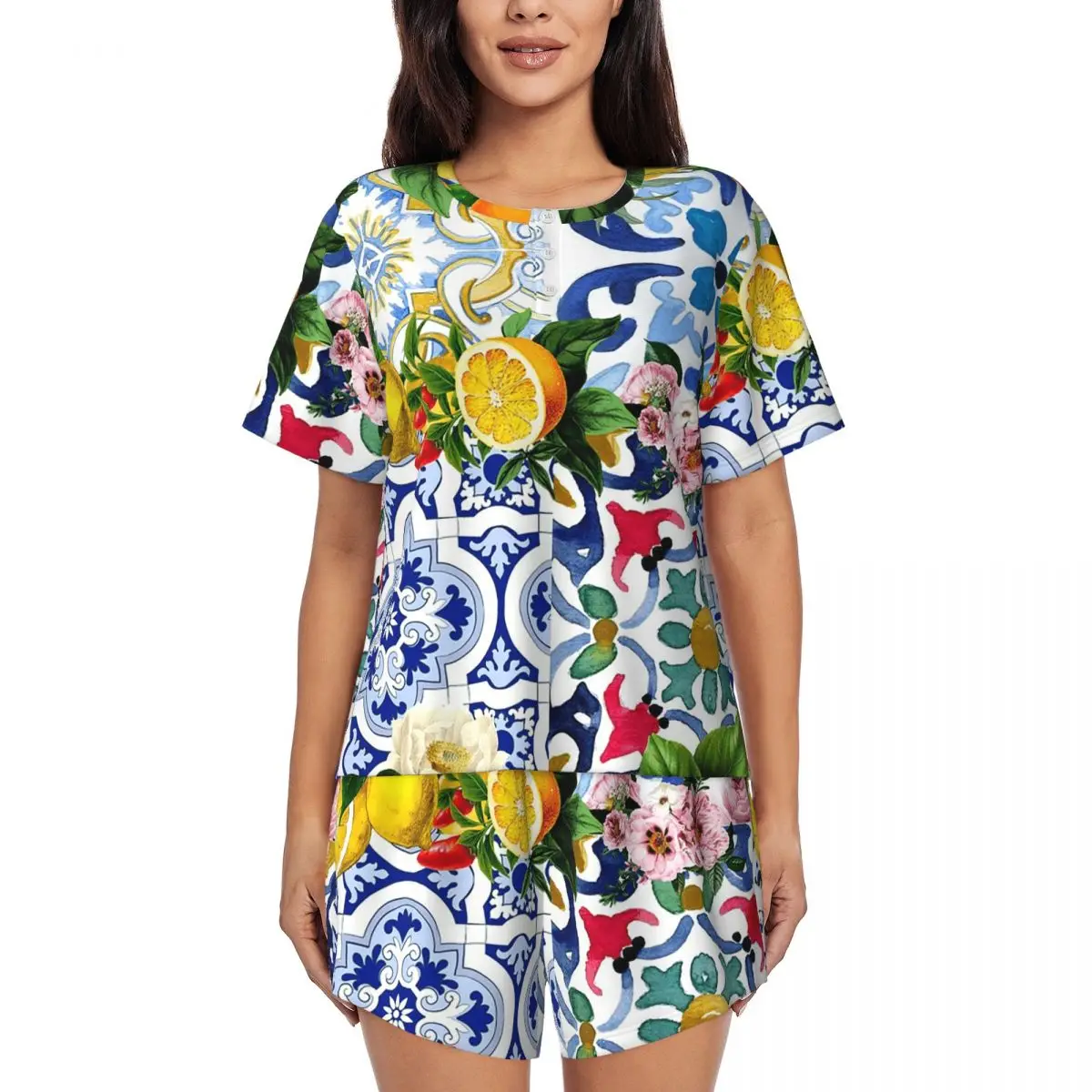 

Sicilian Tiles,mediterranean,mosaic,lemons Round Neck Short Sleeves Nightdress for Sleeping Women Loose Pajama Set Short Pants