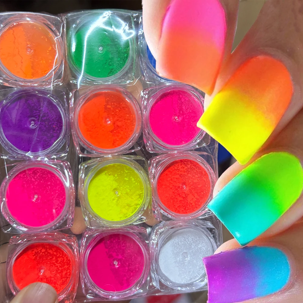 

12pcs/Set Neon Phosphor Pigment Nail Powder #2025 Fluorescent Nail Art Powder Rainbow Gradient Chrome Pigment for Nail Decoratio