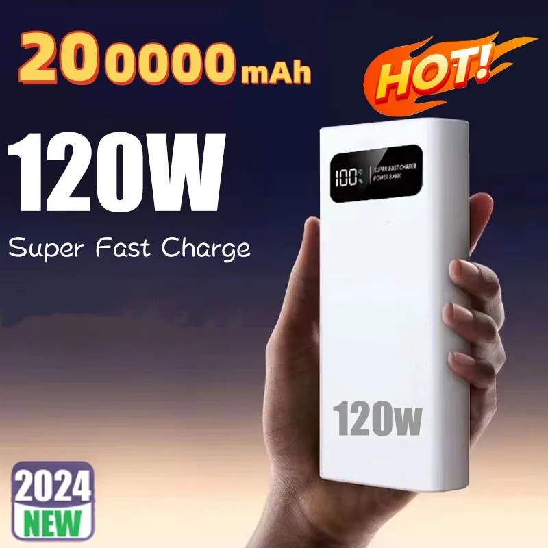 Bank daya pengisi daya Super cepat 120W, baterai eksternal tampilan Digital portabel kapasitas ultra cepat 200000mAh untuk iPhone Samsung