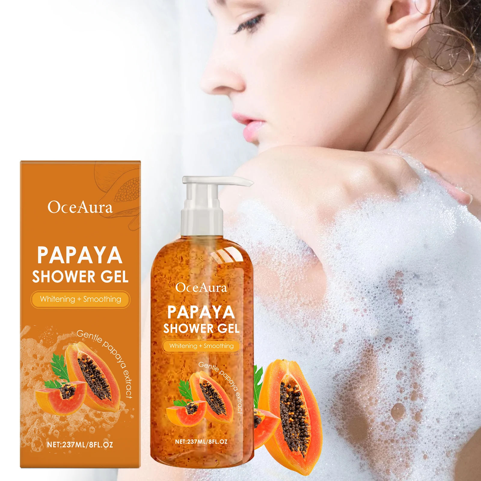 Gel de ducha de papaya, blanqueamiento, suavizante, limpieza, elimina la suciedad, decoloración, pigmentación, espuma rica, Aroma duradero, hidrata, refrescante, lavado corporal