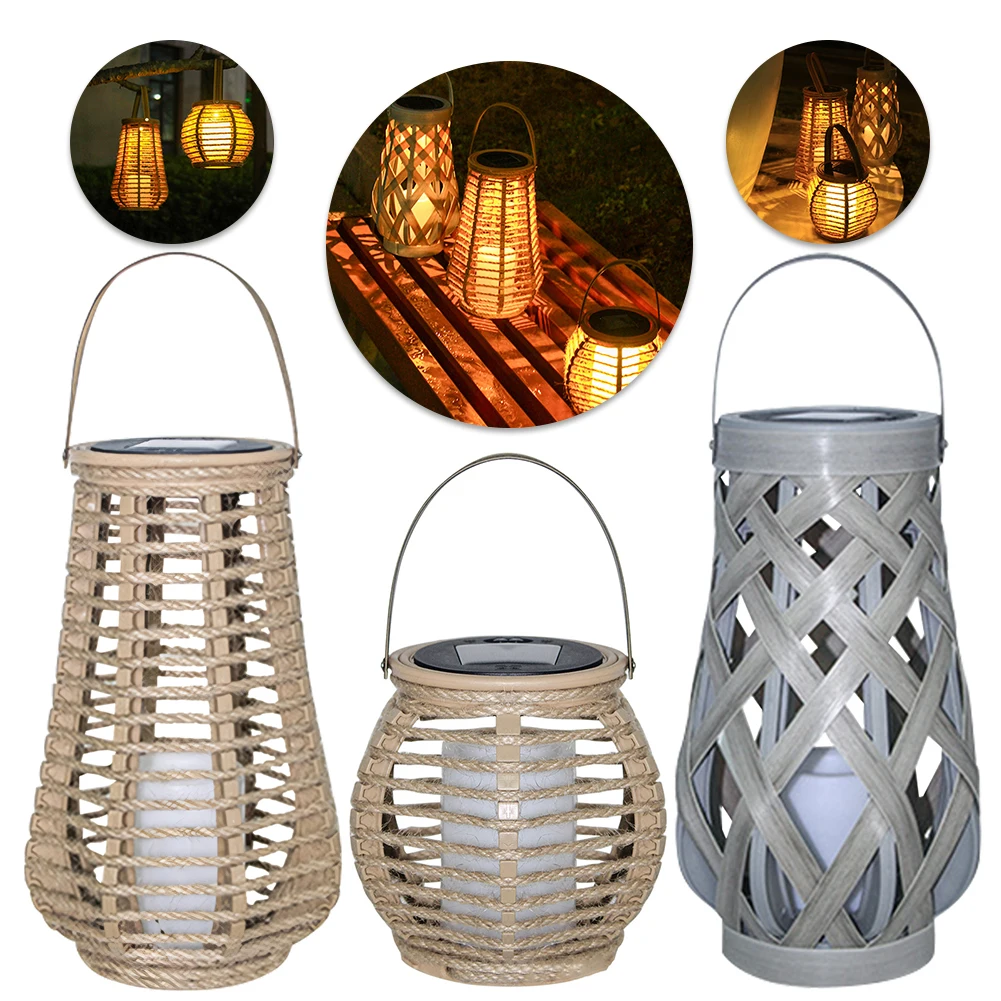 Rattan Solar Lantern IP44 Waterproof Hanging/Standing Outside Big Rattan Solar Light with Handle for Yard Garden Home Decoration