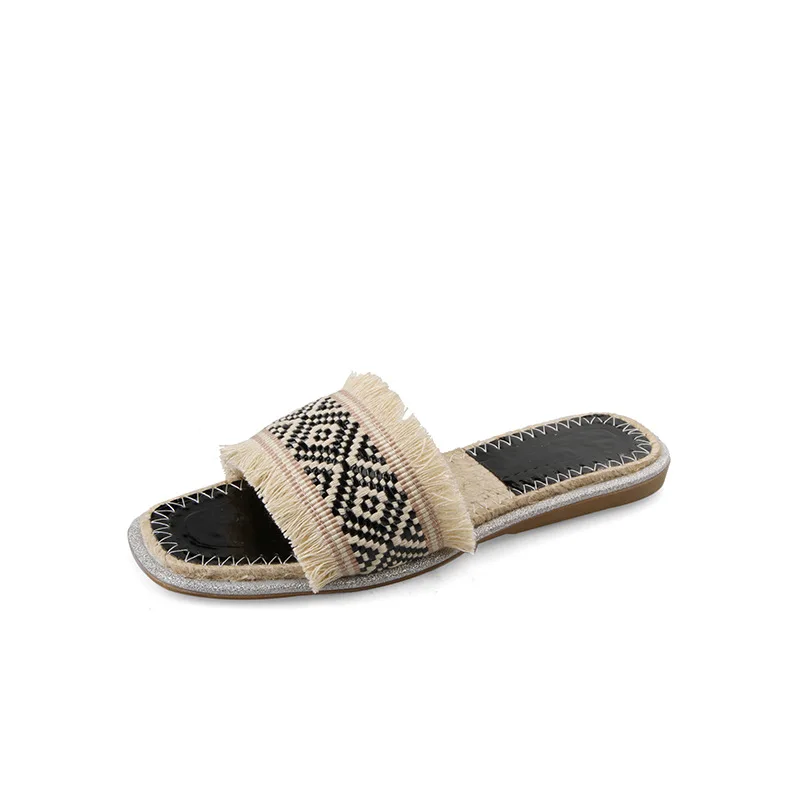 Grass Woven Slippers For Women's Summer Slippers Outerwear Fashion 2024 New Summer Inner Flat Bottomed Sandals