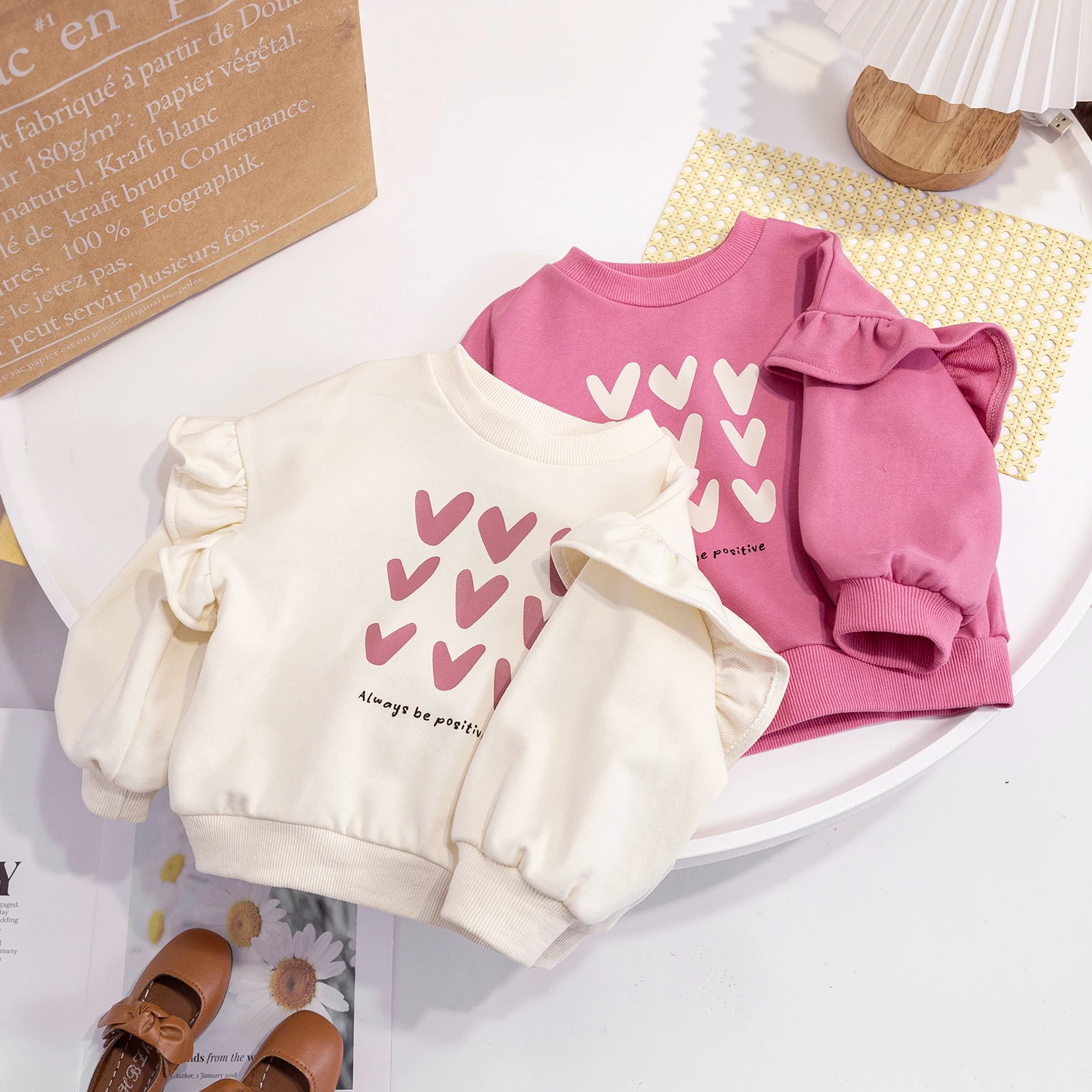 Cute Baby Girls Tops Sweatshirt Love Pattern Ruffles Long Sleeve O-Neck Pullover Kids Shirts Casual Loose Hoody Children Clothes