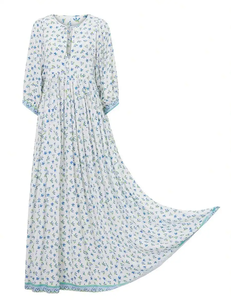 

Women Long Floral Dress 3/4 Sleeve V Neck Loose Summer Casual Swing Dress