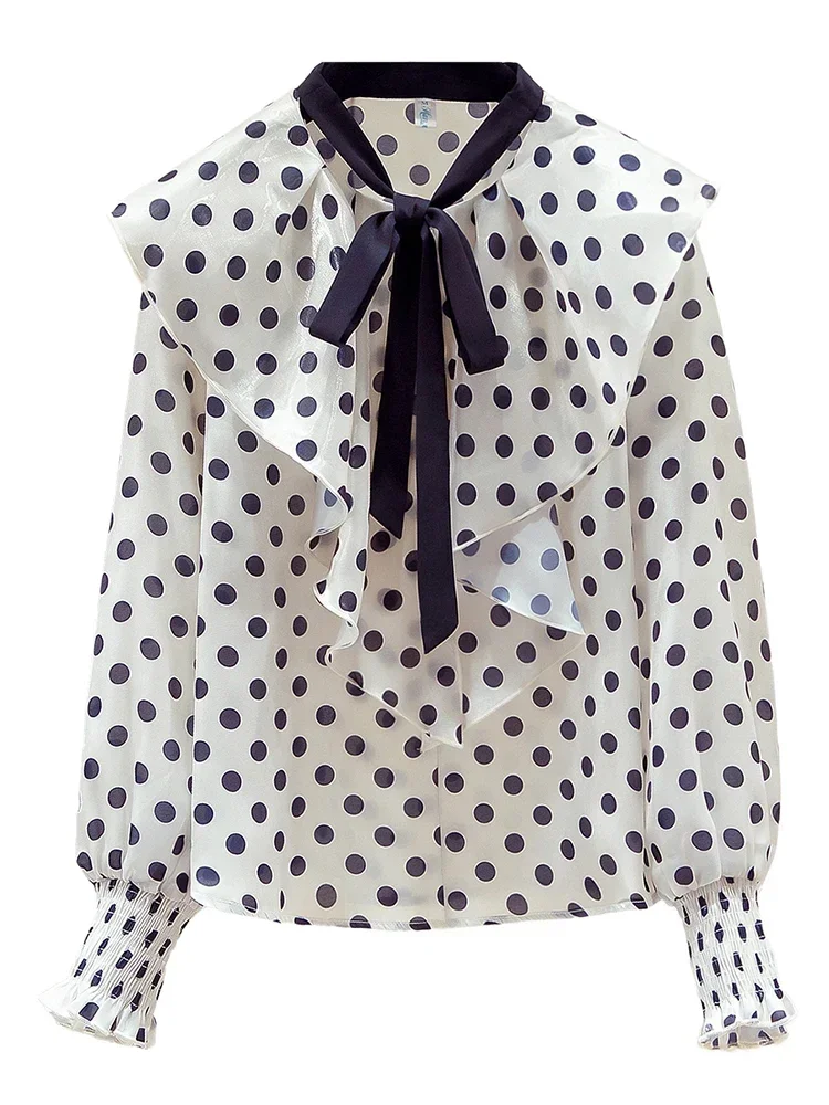 Spring French Polka Dot Blouse Design Sense Ruffled Slim Sweet Streamer Age-reducing All-match Chiffon Shirt Tops Female D0352