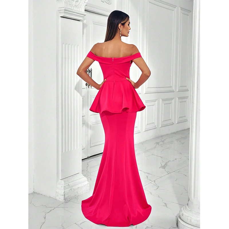 ชุดเดรสยาวทรงเมอร์เมดสีชมพูสำหรับผู้หญิง สไตล์เปิดไหล่ แต่งระบายช่วงเอว เหมาะสำหรับงานเลี้ยงค็อกเทล งานพรอม งานแต่งงาน งานปาร์ตี้ยามเย็น หรืองานอื่นๆ