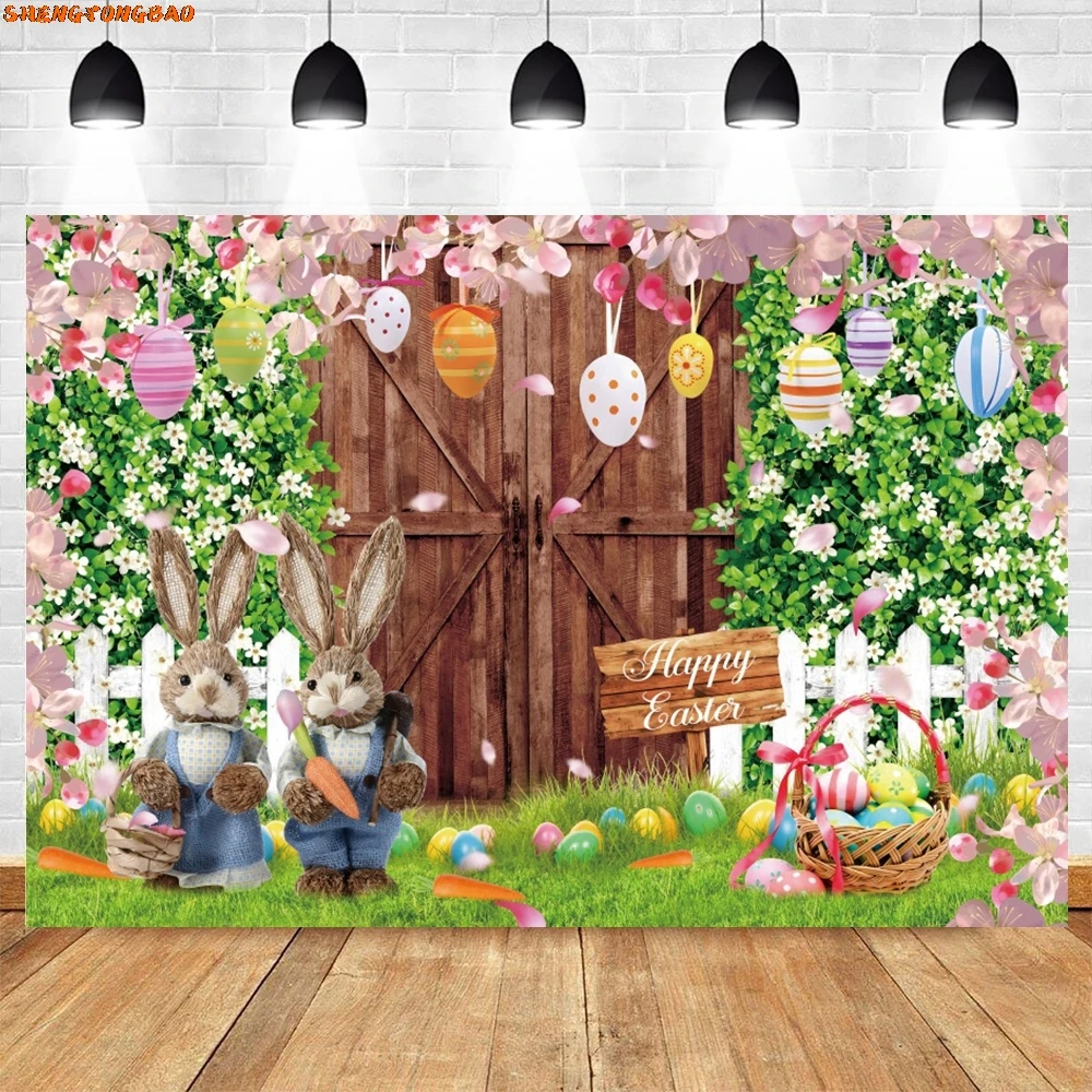 Spring Easter Photography Backdrop Happy Easter Eggs Bunny Green Grass Garden Flower Rabbit Baby Portrait Photo Background