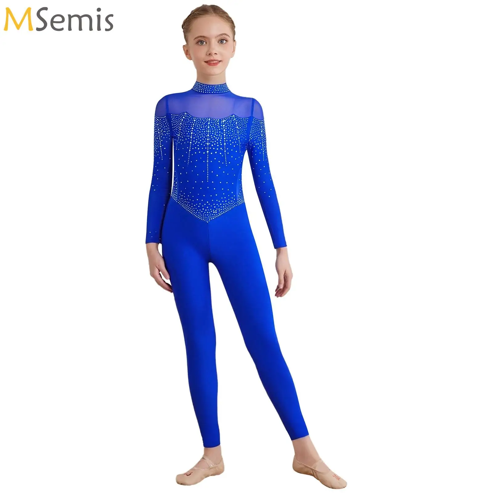 

Kids Girls Sparkly Rhinestones Gymnastics Figure Skating Costume Sheer Mesh Ballet Dance Jumpsuit Full Body Leotard Bodysuit