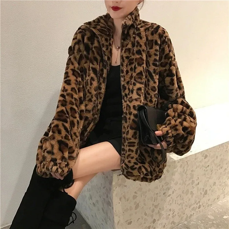 Women Vintage Leopard Stand Collar Zipper Outwear 2023 Winter Jacket Lady Loose oversized Fuzzy Coats Female Casual Streetwear