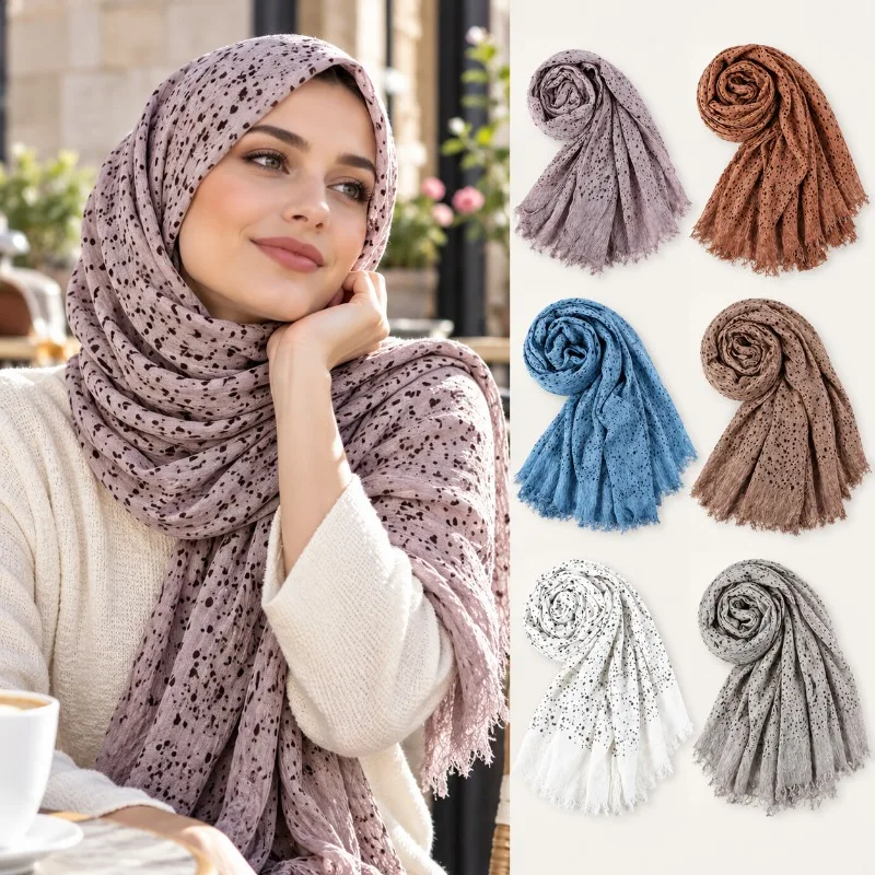 Solid-Color Polka-Dot Print Comfortable Headscarf for Women—Natural Wrinkle, Artistic Style, Sheer Scarf
