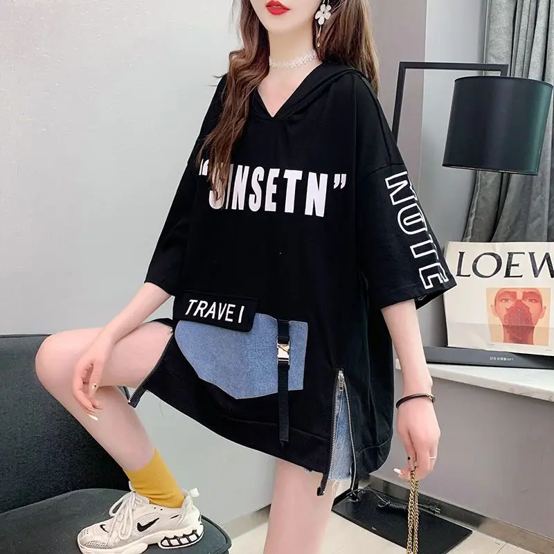 Summer New Harajuku Y2K Hooded Houlder Sleeve V-neck T-Shirts Women Fashion Letter Printing Pullovers Ladies Loose Casual Tops