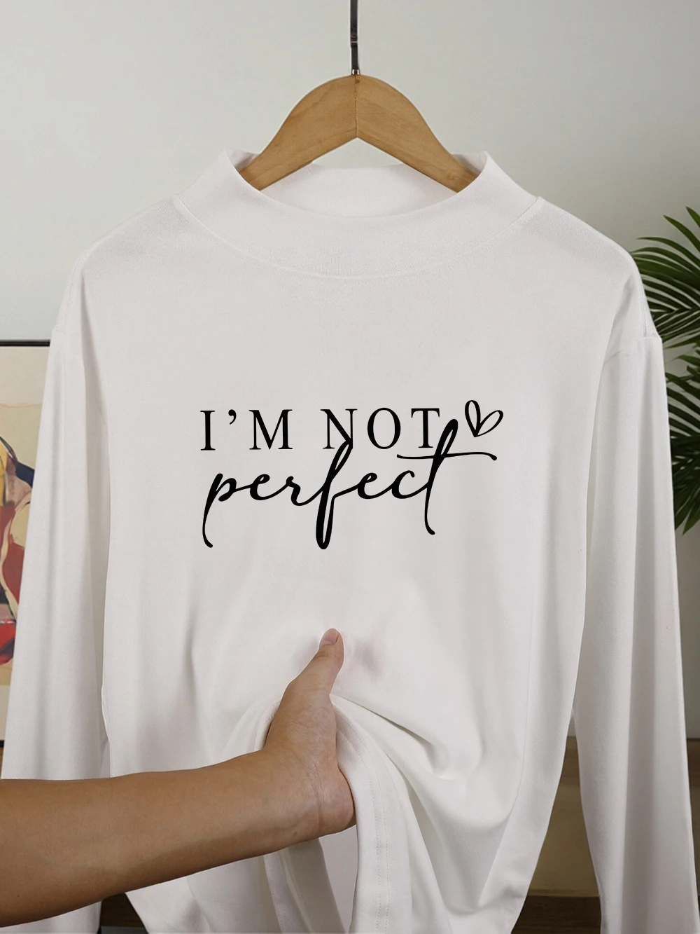 Camisetas con estampado de letras artísticas I'M Not Perfect para mujer, Tops de lana de otoño, camisa cálida de medio cuello alto ajustada, ropa básica