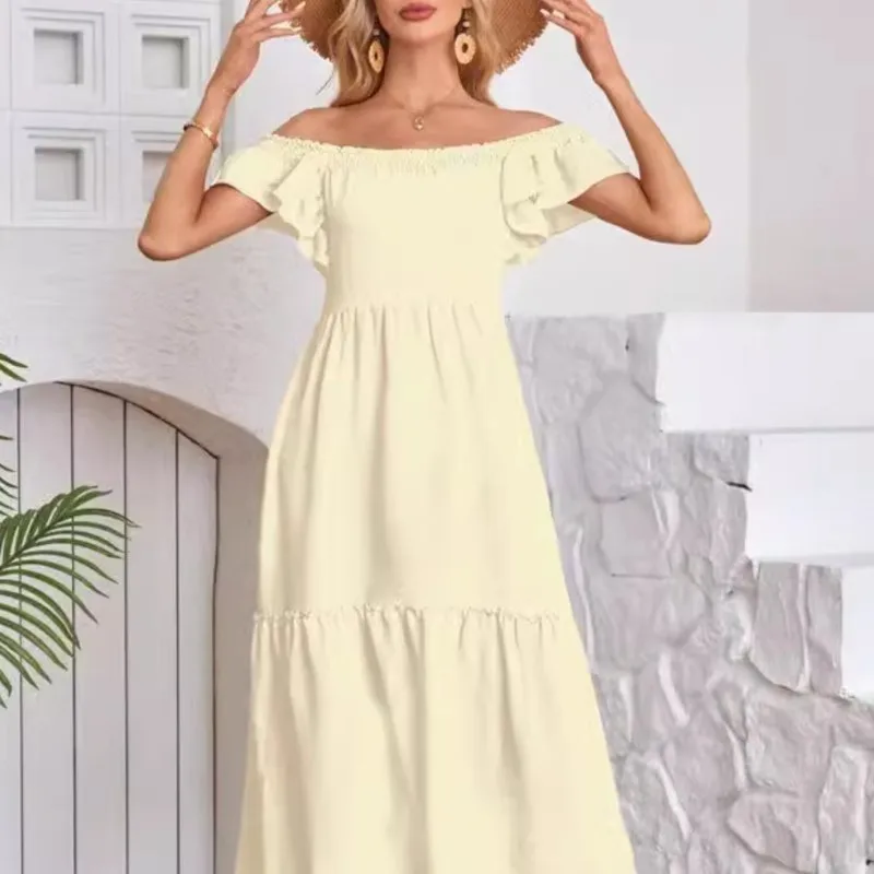 Feminino decote em u pétala mangas cor sólida cintura alta saia longa elegante em camadas plissado vestido evasê vestido casual