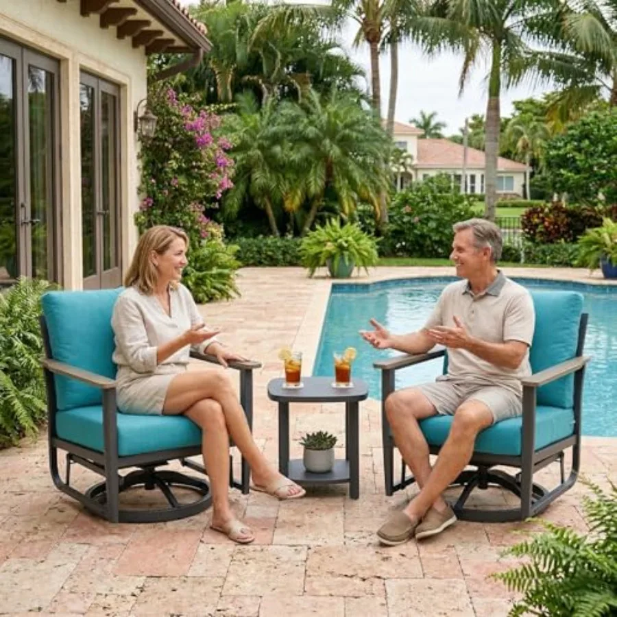 Aluminum Patio Swivel Rocking Chair Outdoor Bistro Set, 3PCS Garden/Deck/Balcony Conversation Set with High Backrest Thickened