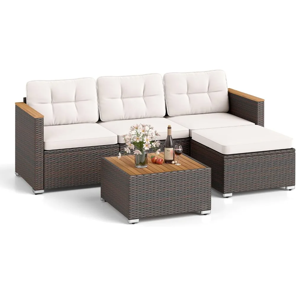 

5 Piece Outdoor Patio Furniture Set, L Shaped Rattan Cushioned Chairs & Coffee Table Set, Outdoor Sectional Sofa with Wood Armr