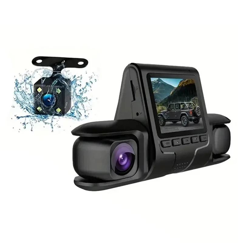 Câmera DVR para carro com 3 lentes de câmera DVR para carro Câmera de lente dupla Plástico preto 24H Monitoramento de estacionamento Dashcam