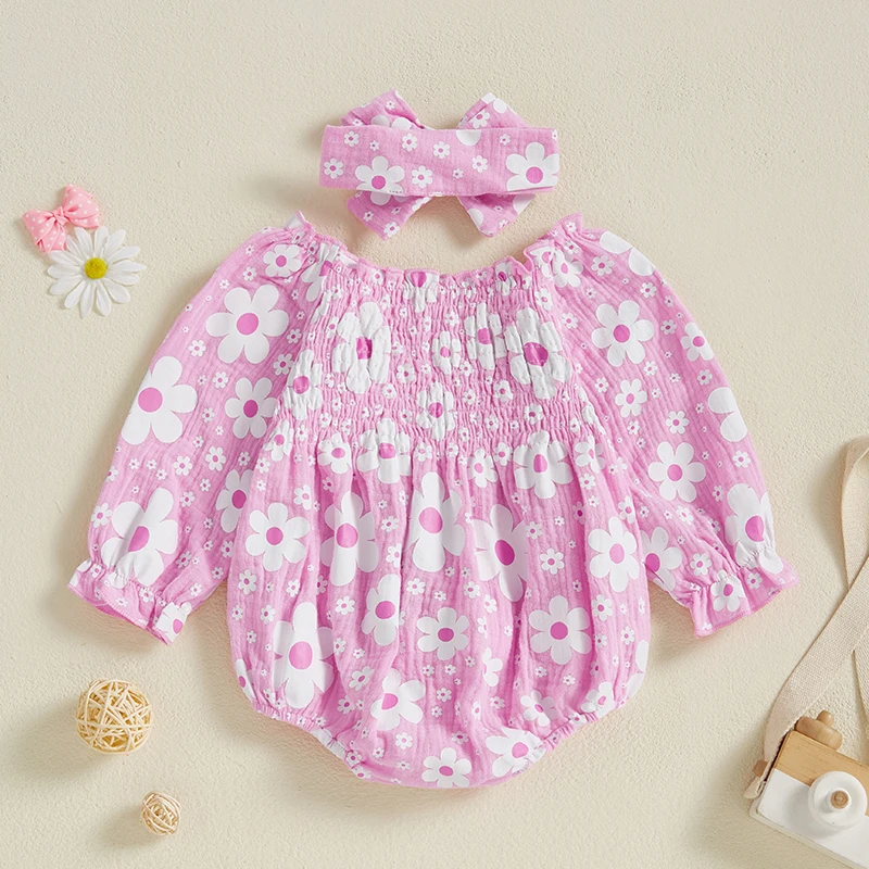 Wiosenne stroje dla małych dziewczynek Romper z długim rękawem i kwiatowym nadrukiem z kokardką
