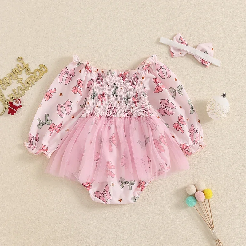 Baby Girls Christmas Princess Romper Dress Girls Santa Claus/Bowknot Print  Mesh Jumpsuits Headband Newborn Clothes