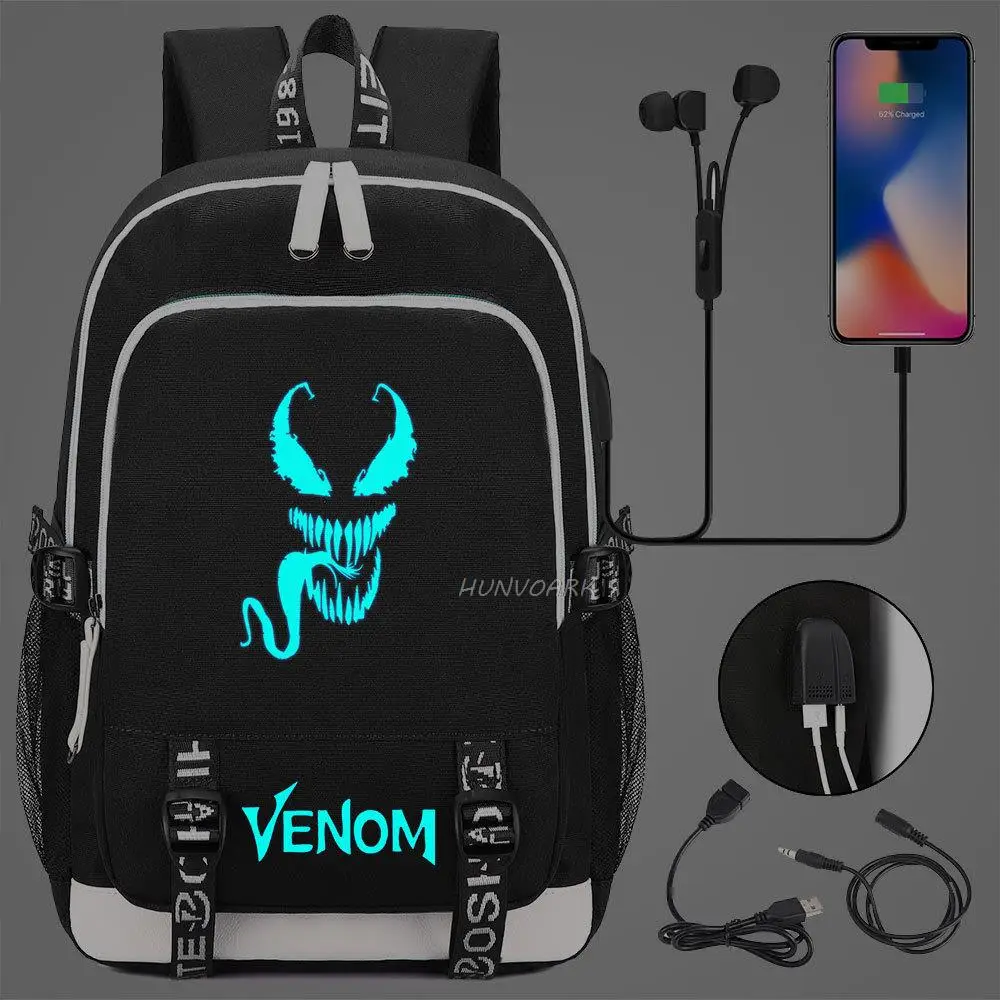 Mochila con patrón luminoso Venom, bolso escolar para ordenador portátil con Usb a la moda para niñas, niños y adolescentes, Mochilas geniales informales