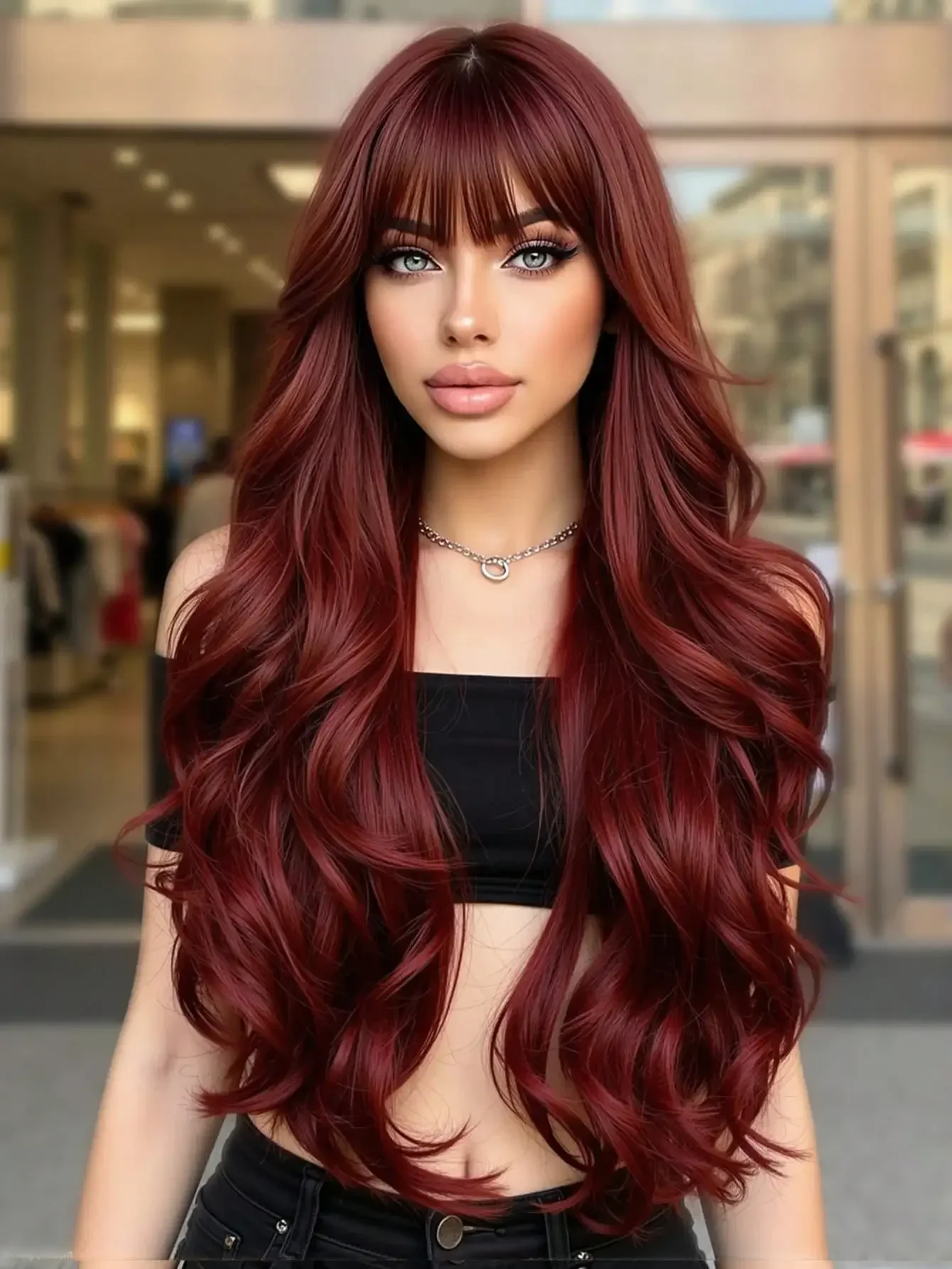 

26-Inch Wavy Long Curly Burgundy Wig With Bangs For Women, Natural Realistic Synthetic Curly Hair, Heat-Resistant, Suitable For Daily Wear, Parties And Cosplay