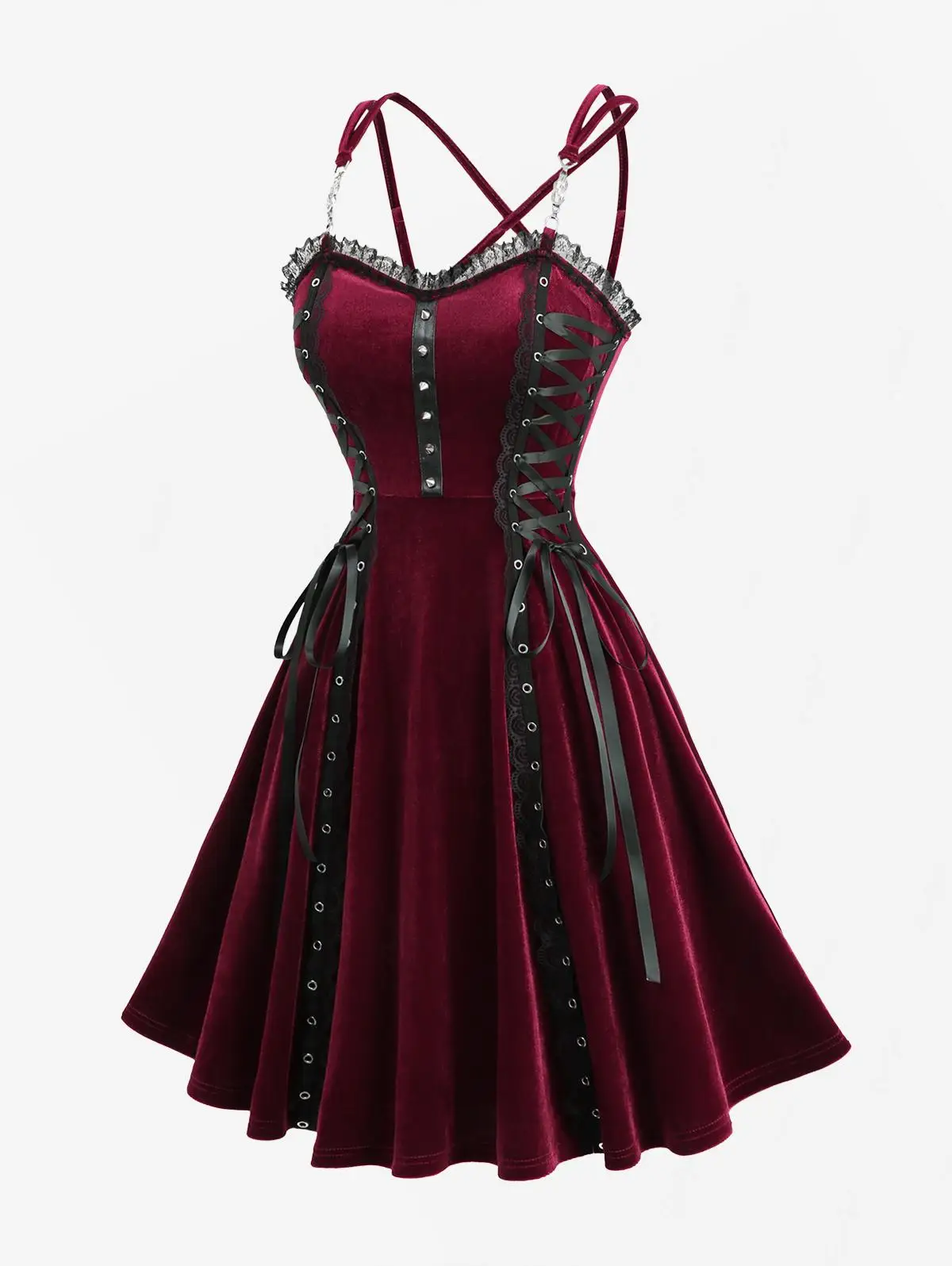 ROSEGAL New Gothic Flocking Lace Up Lace-trim Mini Dresses Women's Adjustable Strap Backless Layered Cami Dress Vestidos