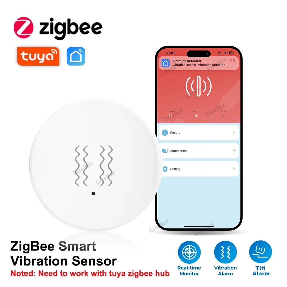 Tuya Zigbee Sensor Vibração inteligente, Home Security Protection, Real-Time Monitor remoto, Notificação de alarme, App Vida