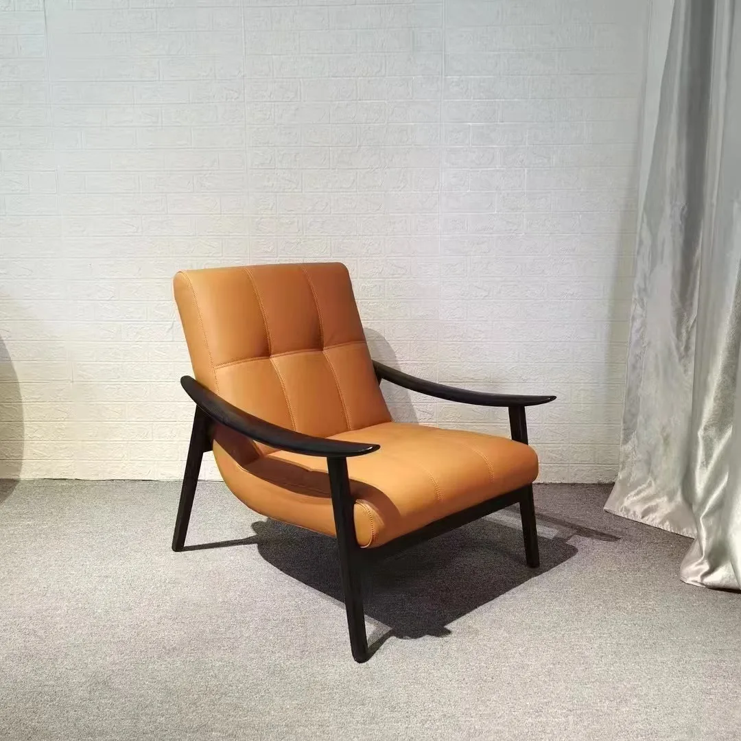 

Finn Leisure Living Room Hotel Single Chair Leather Art Ash Wood Armrest Negotiation Sofa Bedroom Chair