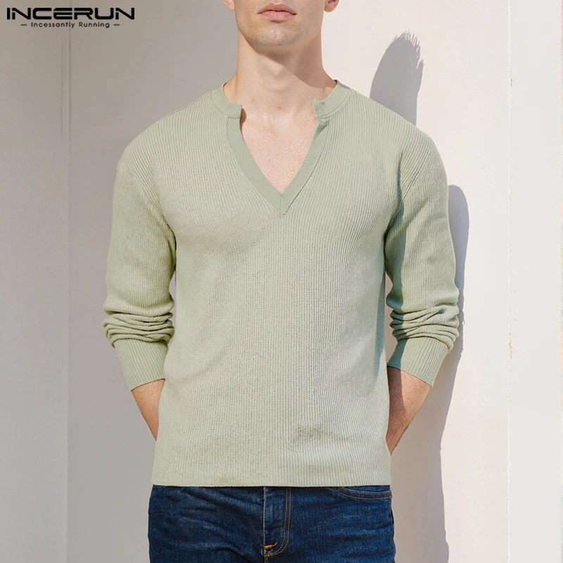 

INCERUN Men T Shirt Solid Color V Neck Long Sleeve Knitted Streetwear Male Tee Tops Autumn Fashion Casual Men Clothing 2025