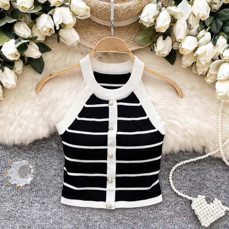 Women's Black White Stripe Sleeveless Halter Neck Button Down Stretchy Ribbed Knit Sweater Vest Casual Elegant Summer Crop Top