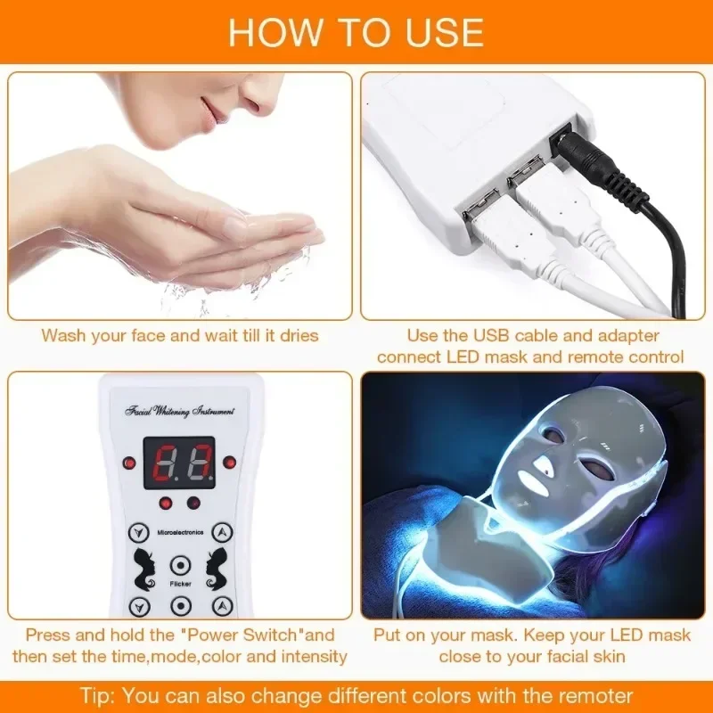 7 Colors LED Facial Mask with Neck LED Light Therapy Mask Skin Rejuvenation Anti Acne Beauty Device Face Lifting Firm Massager