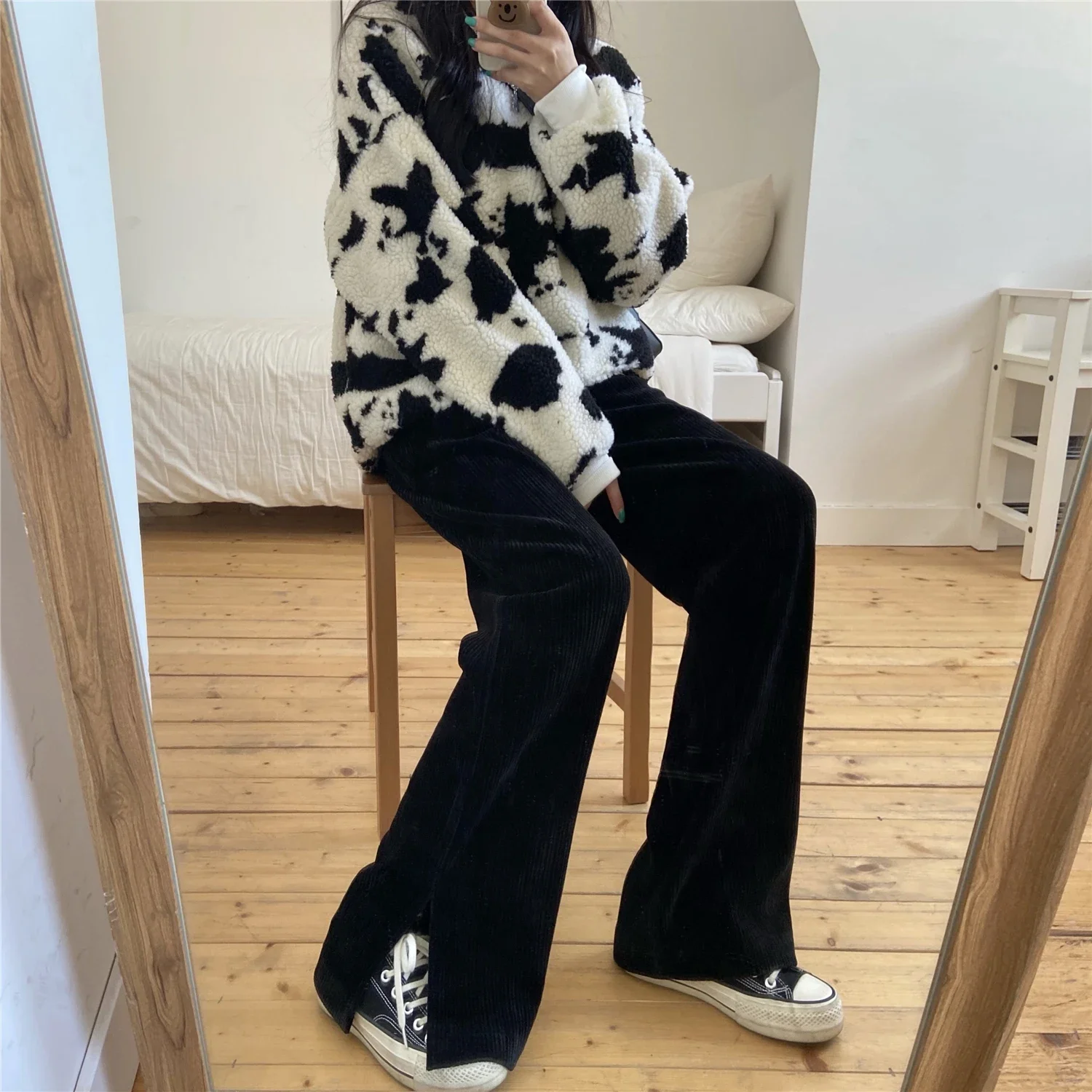 

Женские брюки с разрезом по бокам, широкие вельветовые брюки, драпированные прямые тонкие повседневные брюки, женская уличная одежда с высокой талией, элегантный OL