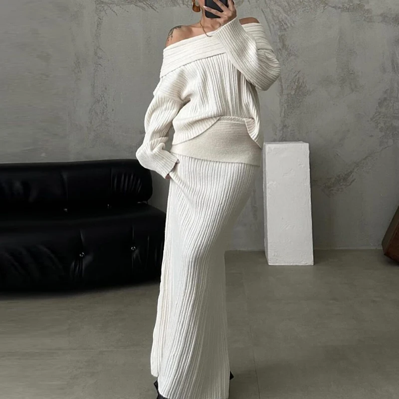 Elegant Long Sleeved Slim Knitted Suit 2024 Autumn Winter Warm Women Outfit Casual Off Shoulder Sweater Top + Skirt 2 Piece Set