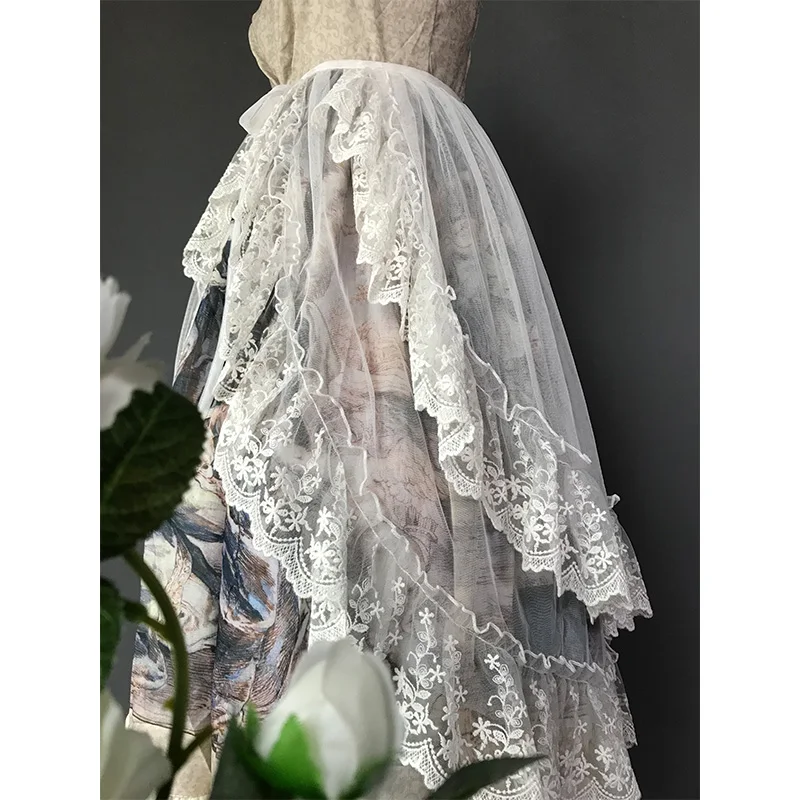 Dophee Multifunctionele Lolita Jsk Overrok Perspectief Elegante Kanten Splitsing Cover Rokken Halflange Hoge Taille Ruches Fee Rokken