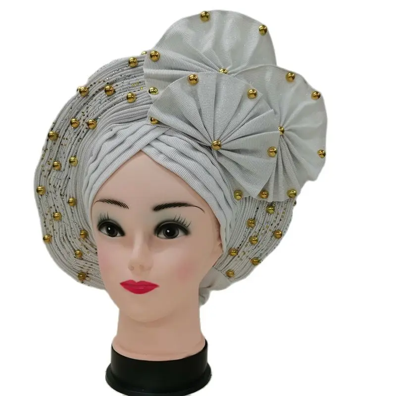 New Style Nigerian Gele Headtie Aso Oke Gele Already Made Auto Gele Aso Ebi Headtie African Turban Cap With Colorful Bead