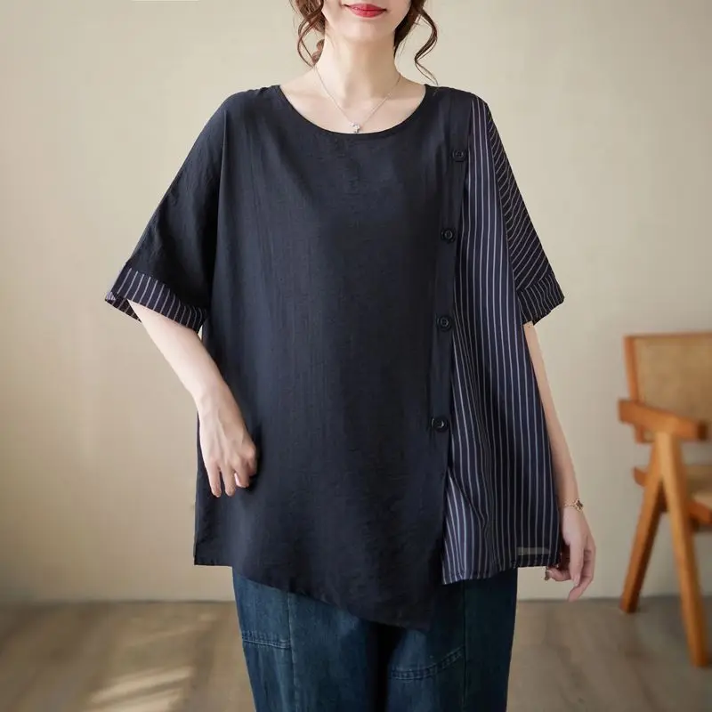 Women Summer Simplicity Loose Large Size Cotton and Linen Striped O-neck Short Sleeve T-Shirt Women Clothes Casual Trend Tops