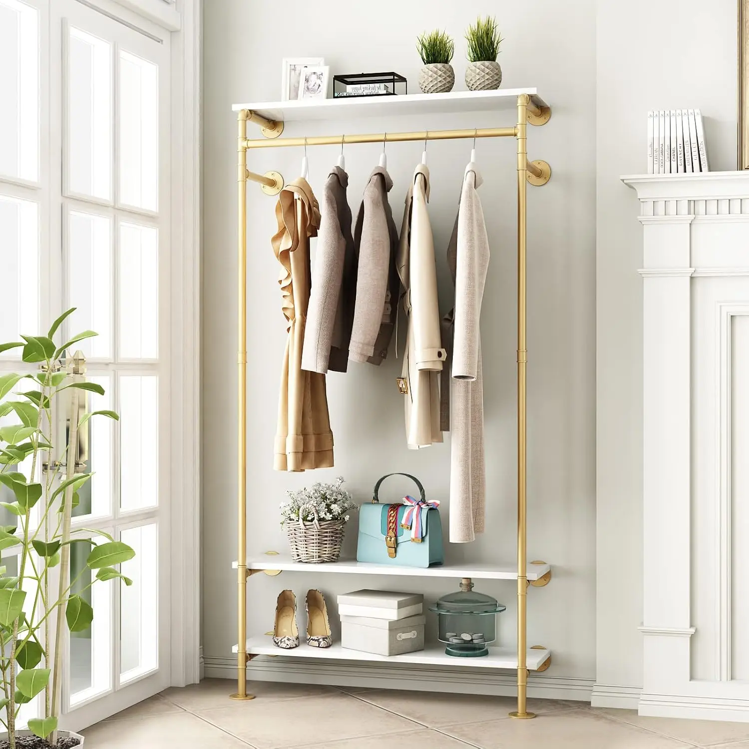 

White Shelves, Wall Mounted Gold Clothes Rack for Hanging Rods，Heavy Duty Pipe Clothing Racks