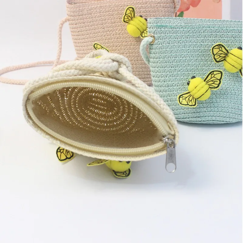 Summer Children's Straw Woven Messenger Bag Lovely Girls Small Coin Purse Handbags Baby Kids Mini Shoulder Bags Princess Wallet