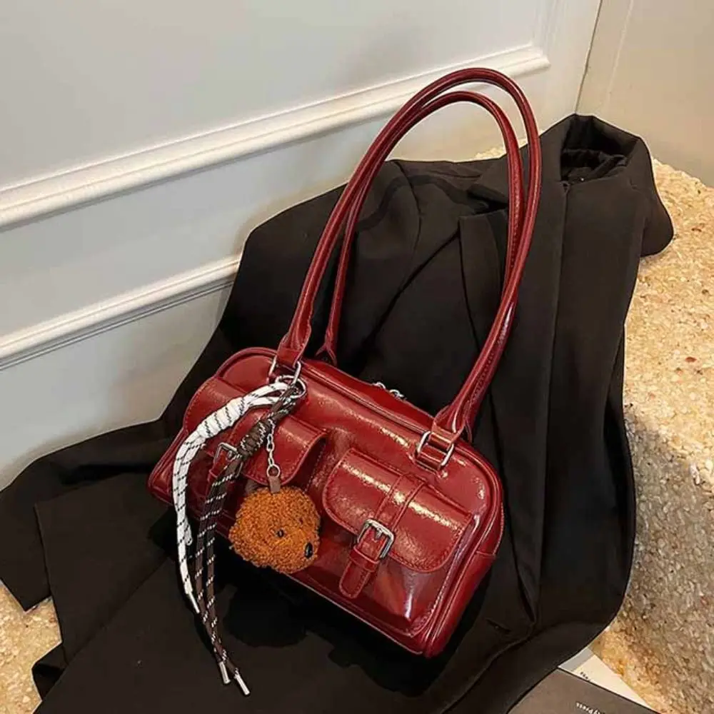

Mini Korean Style PU Bowling Bag Solid Color Minority Design Pocket Boston Tote Bag Handbag French Style Underarm Bag Travel