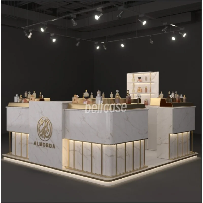 （customized）Arab Style Display Counter Perfume Shop Design Furniture Perfume Display Showcase Golden Shopping Mall Perfume K