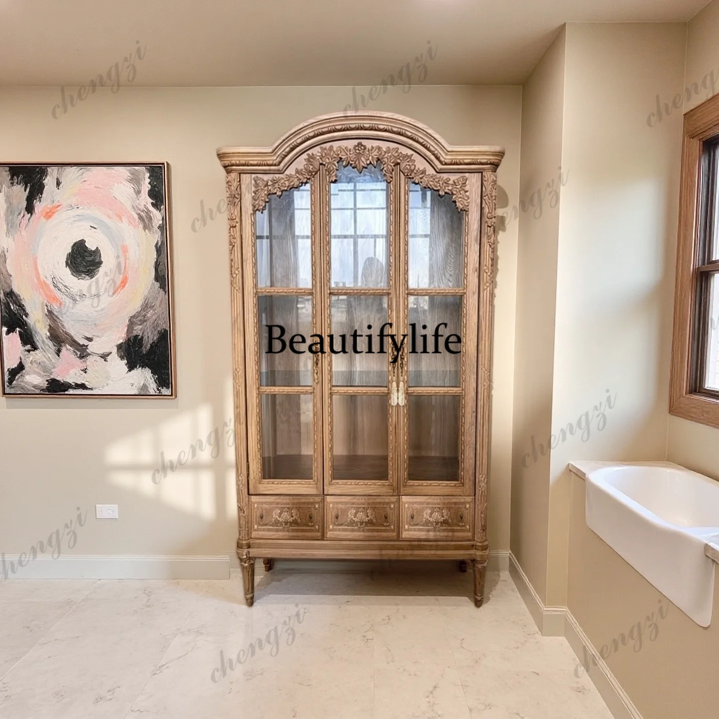 American style, solid wood carving flower glass wine cabinet French retro dining edge, display, living room decorative locker