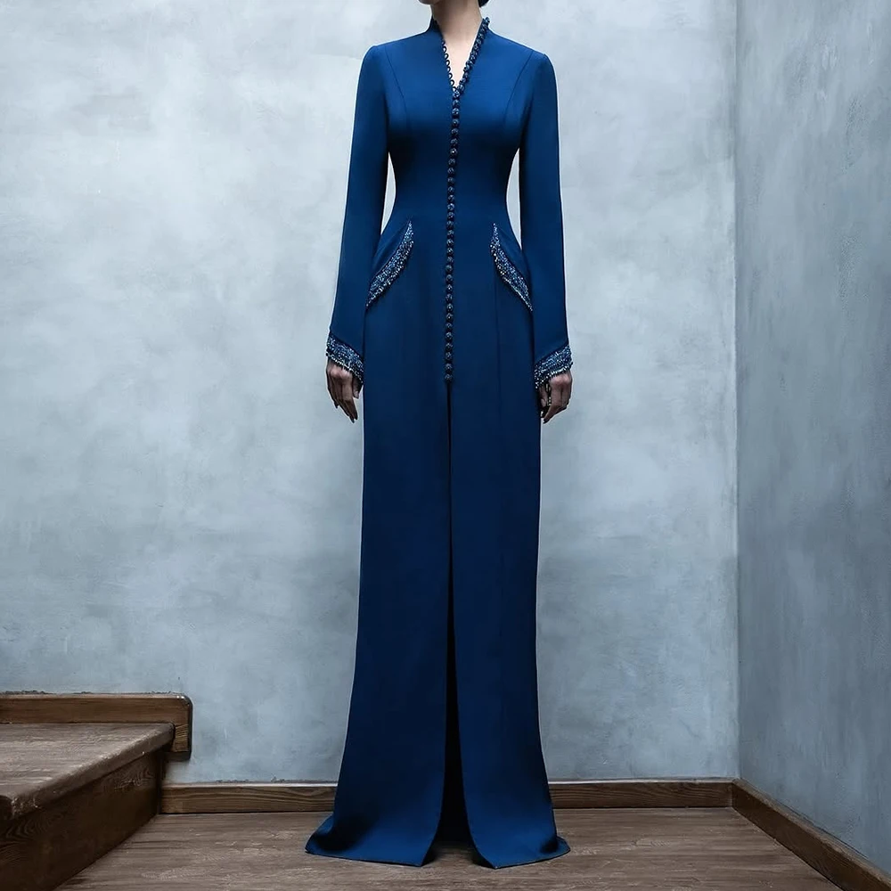 

Customized A-line Evening Dresses Floor-length V-neck Full Sleeve Prom Gown Fashion Button Sequined Simple Draped Party Gown