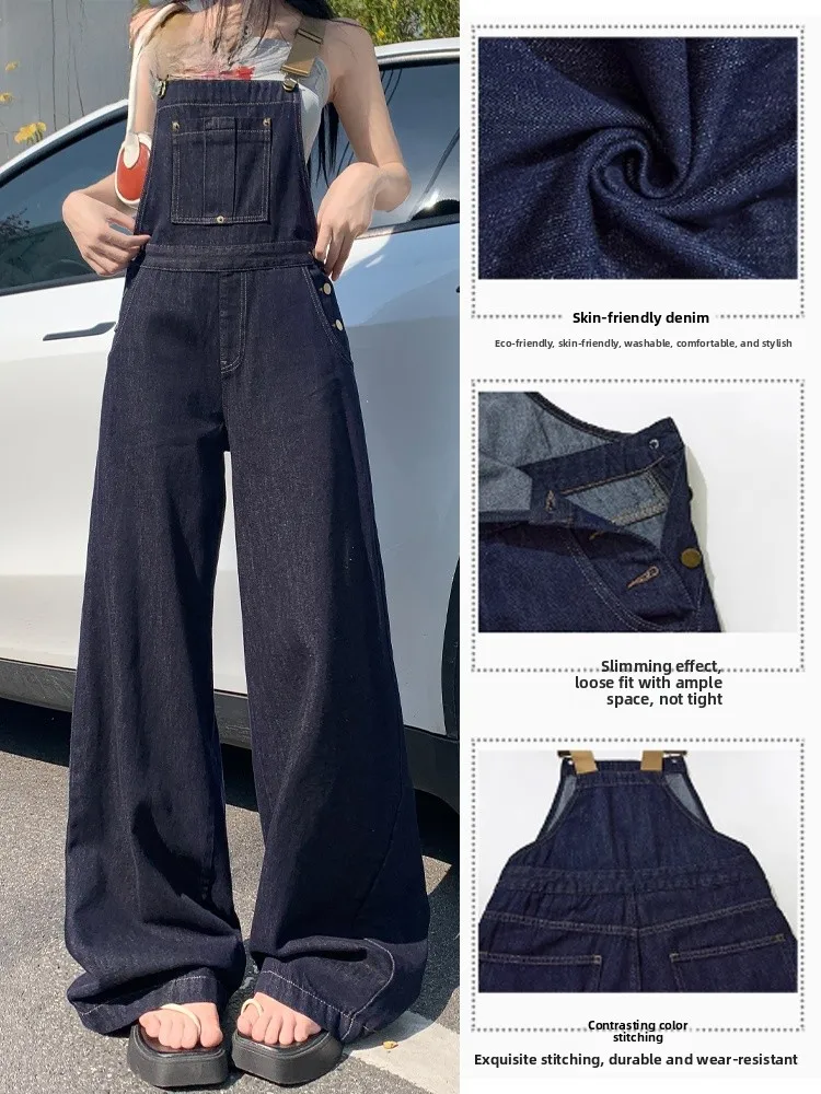 Damskie ogrodniczki jeansowe z szerokimi nogawkami, przeciwstarzeniowe, w kolorze głębokiego błękitu, luźny krój, jesień, moda, wysoki stan, błękitne szelki, długość do podłogi, jednoczęściowe.