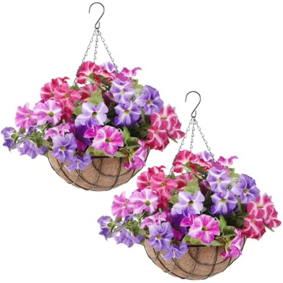 

Набор из 2 искусственных подвесных цветов в корзине для весеннего и летнего декора на открытом воздухе, искусственные петунии в корзине с кокосовым покрытием 12 дюймов
