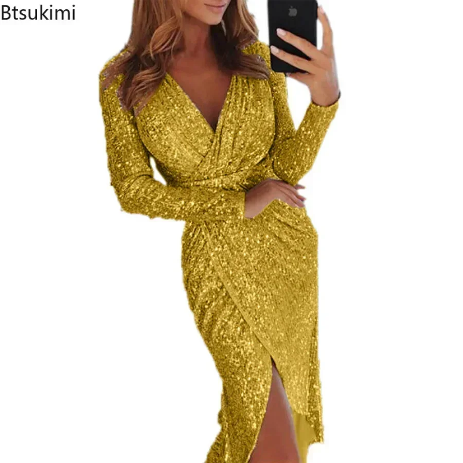 2024 Spring Summer Gold Sliver Green Sequined Party Dress Women Front Split Bodycon Party Vestidos Bling Clubwear Dress Vestidos