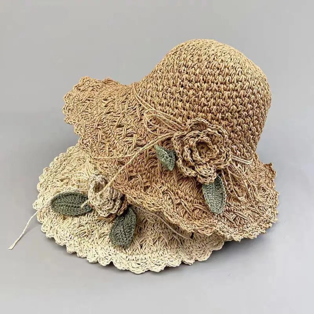 Elegant Crochet Straw Hat with Ruffle Detail Womens Summer Beach Straw Cap UV Protection Hand-Woven Sun Hat