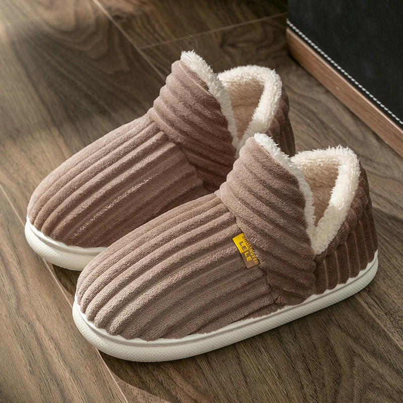 Winter Couple Style Simple Stripes Wrap Heels Plush Slippers Male Non-slip Soft Warm Flip Flops Men Home Casual Cotton Shoes