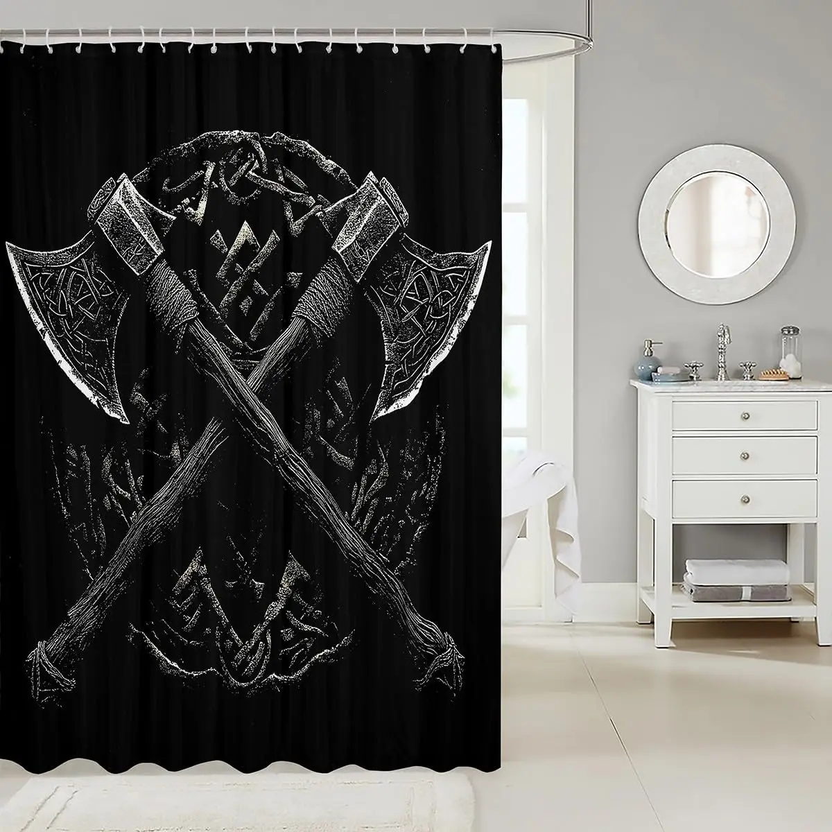 Premium Grunge Crossed Axes Viking Theme Shower Curtain Waterproof Bathroom Decor Art Black Style 72x72 Inches Curtain
